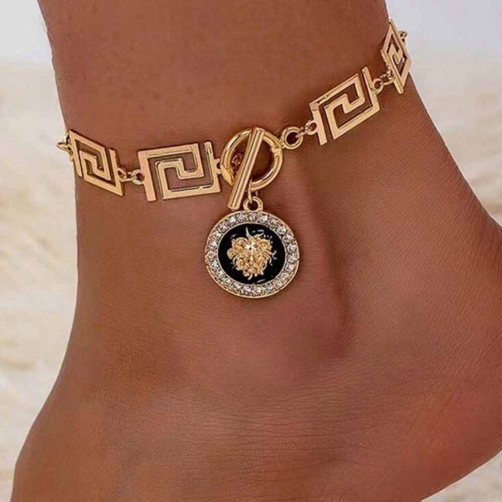 Gold-Plated Greek KeyMedallion Link Anklet